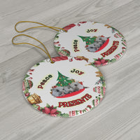 Peace Joy Presents Pigs Under Tree Ceramic Ornament