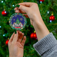 Three Pigs Under Christmas Tree Ceramic Ornament