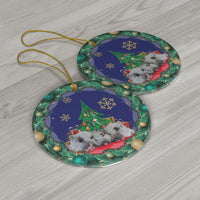 Three Pigs Under Christmas Tree Ceramic Ornament