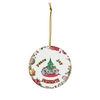 Peace Joy Presents Pigs Under Tree Ceramic Ornament